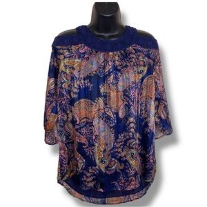 Medium Daniel Rainn Boho Embroidered BluePaisley Print Cold Shoulder Top